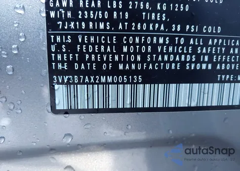 2021 Volkswagen Tiguan 2.0T Se/2.0T Se R-Line Black/2.0T Sel z USA, uszkodzony, nr VIN 3VV3B7AX2MM005135